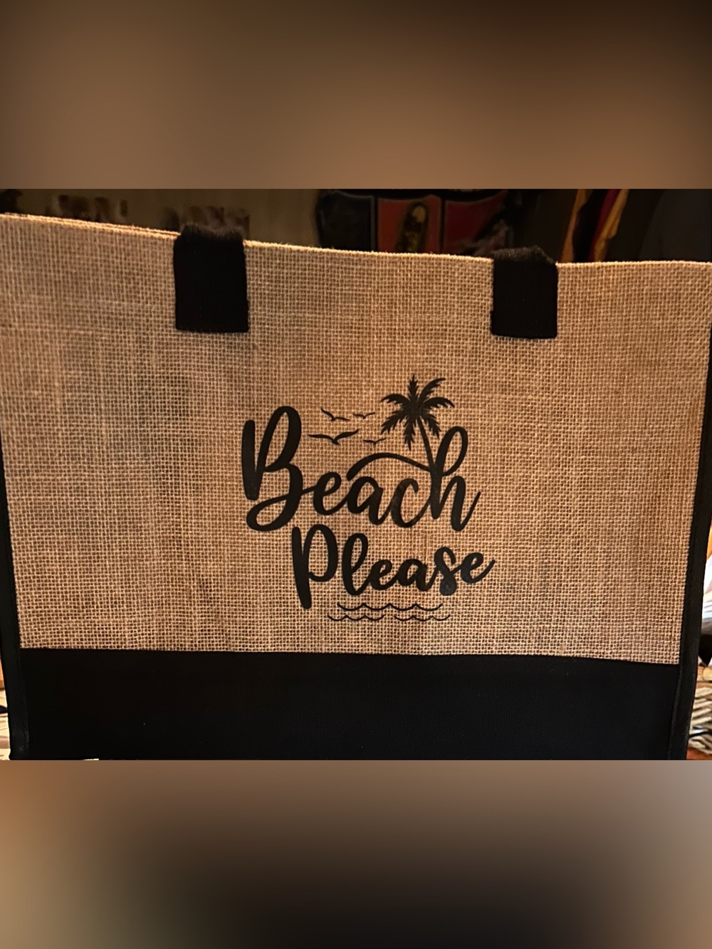 Beach Please Jute Tote Bag - Black Natural